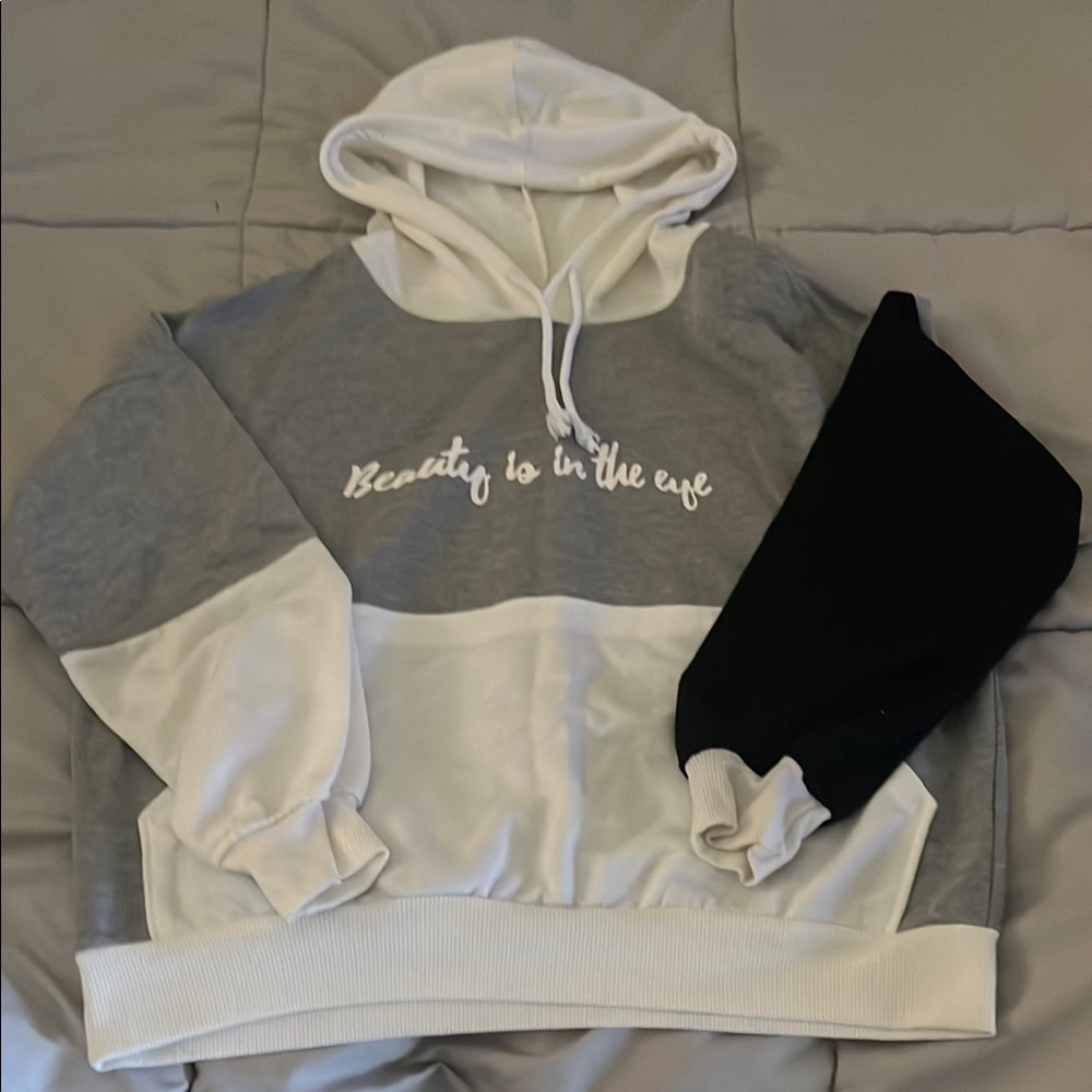 Gray and White Hoodie with Black Sleeve